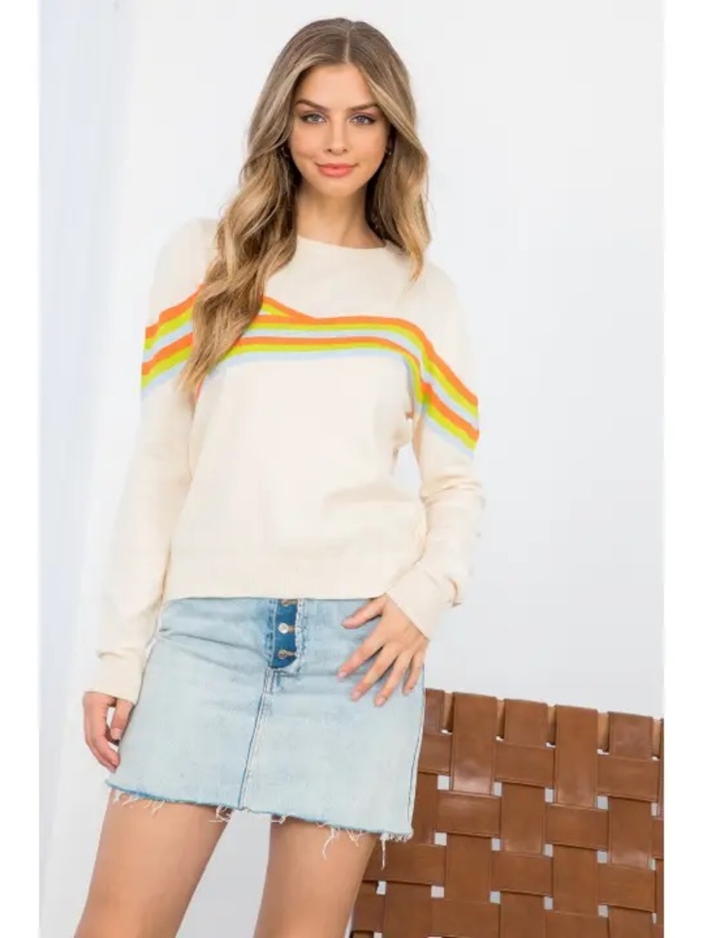 Cream Sweater with Rainbow Stripe Detail